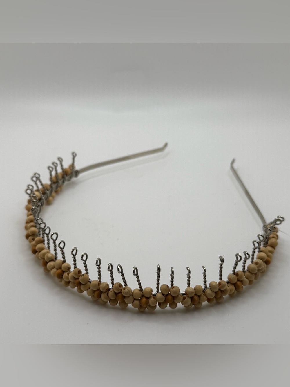 Vintage Beaded Wood and Silver-Tone Headband - Natural